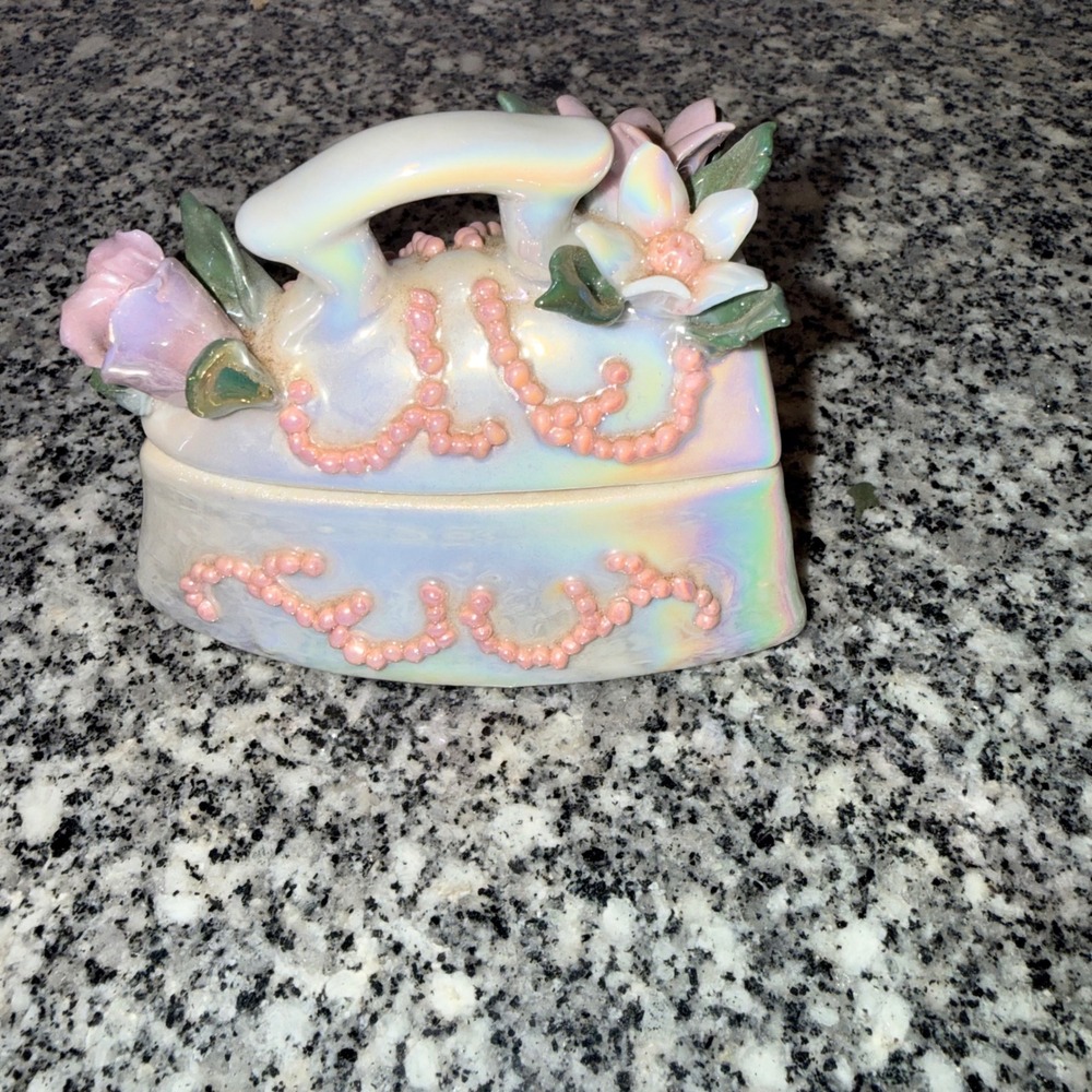 Vintage Iridescent Floral Iron Trinket Box